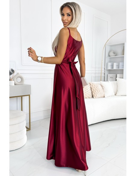  512-6 JULIET elegant long satin dress with a neckline and leg slit - Burgundy color 