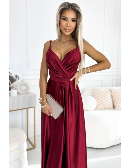  512-6 JULIET elegant long satin dress with a neckline and leg slit - Burgundy color 