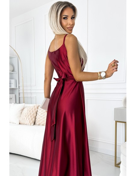  512-6 JULIET elegant long satin dress with a neckline and leg slit - Burgundy color 