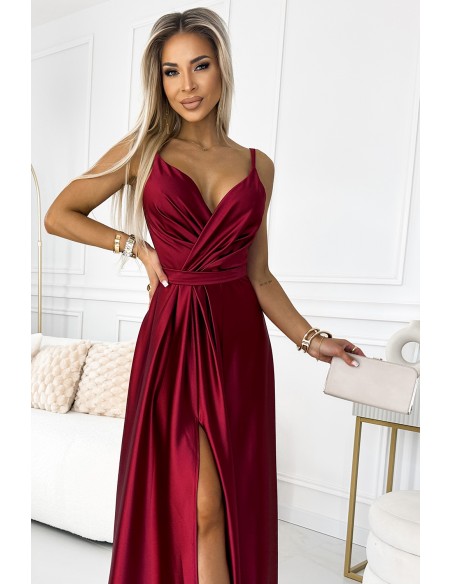  512-6 JULIET elegant long satin dress with a neckline and leg slit - Burgundy color 