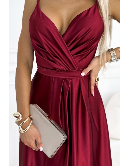  512-6 JULIET elegant long satin dress with a neckline and leg slit - Burgundy color 