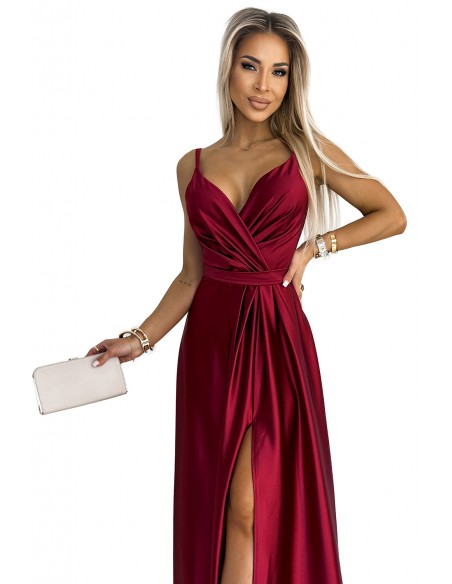  512-6 JULIET elegant long satin dress with a neckline and leg slit - Burgundy color 