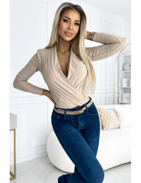  375-7 Bodysuit with envelope neckline - beige 