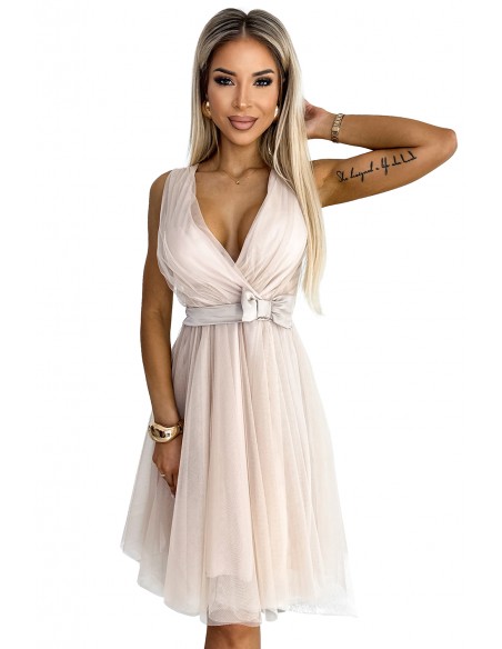  523-3 Tulle dress with a neckline and bow - beige 