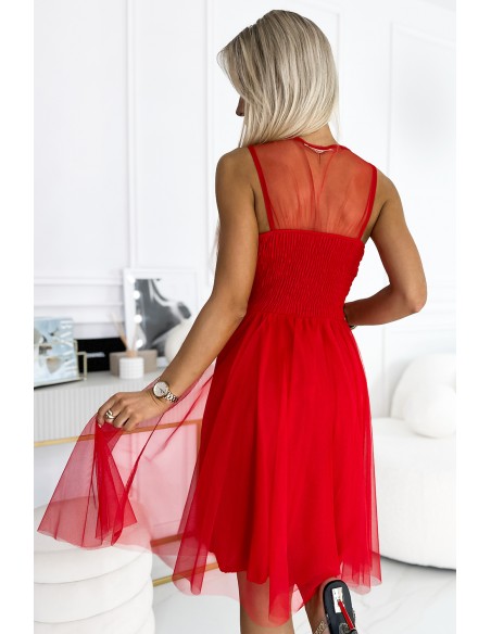  523-2 Tulle dress with a neckline and bow - red 