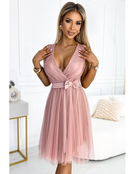  523-1 Tulle dress with a neckline and bow - dirty pink 