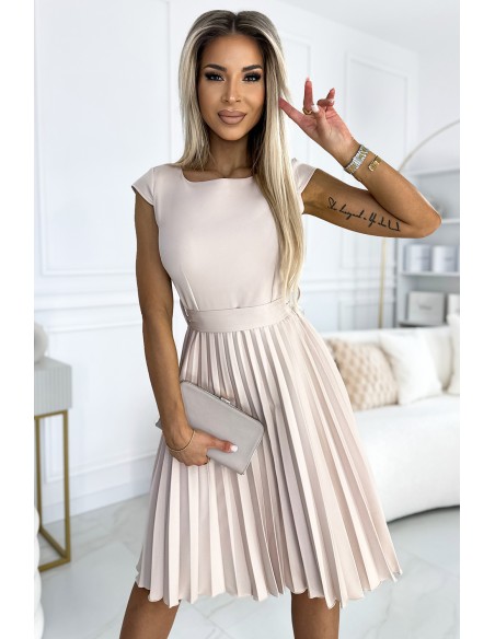  311-14 LILA Pleated dress with short sleeves and a belt - beige 