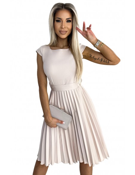  311-14 LILA Pleated dress with short sleeves and a belt - beige 