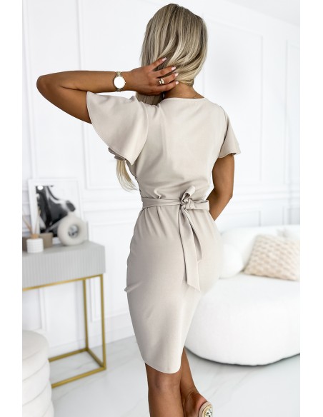  479-5 NINA dress with envelope neckline, sleeves and belt - beige 