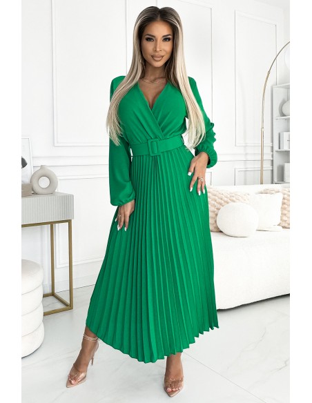  504-4 VIVIANA Pleated midi dress with a neckline, long sleeves and a wide belt - light green 