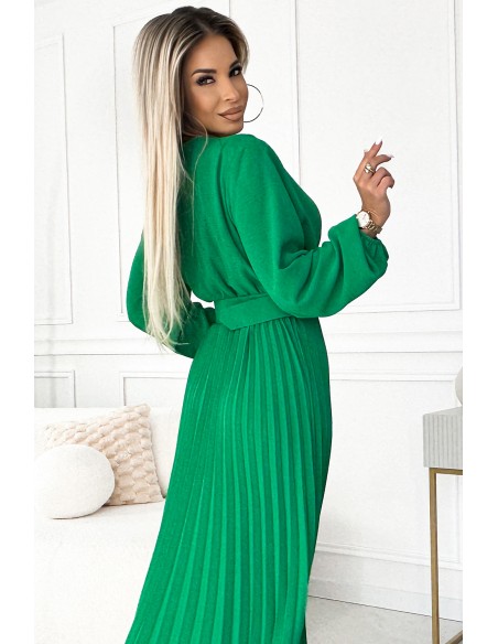  504-4 VIVIANA Pleated midi dress with a neckline, long sleeves and a wide belt - light green 