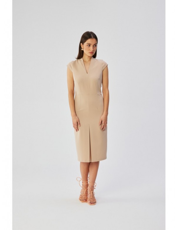 S359 V-neck dress with enverted pleat - beige