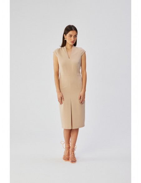 S359 V-neck dress with enverted pleat - beige