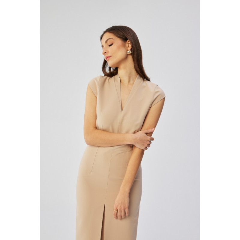 S359 V-neck dress with enverted pleat - beige 2