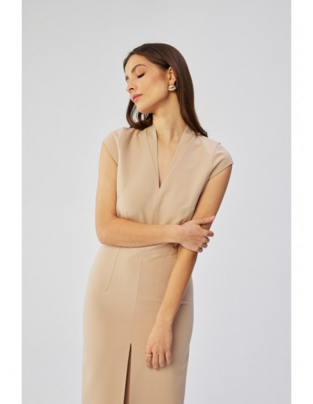 S359 V-neck dress with enverted pleat - beige