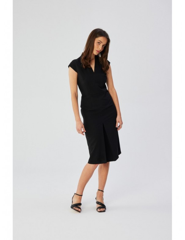 S359 V-neck dress with enverted pleat - black