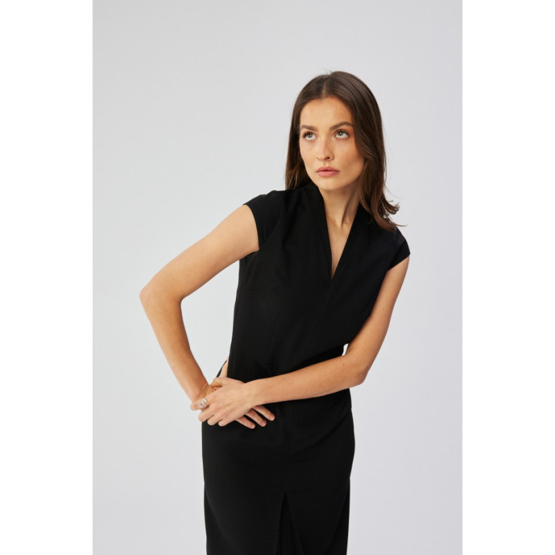 S359 V-neck dress with enverted pleat - black 2