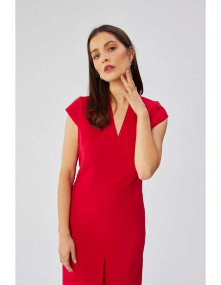 S359 V-neck dress with enverted pleat - red