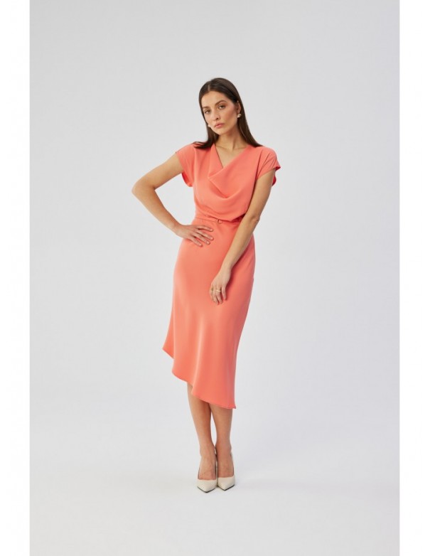 S362 Asymmetrical sheath dress with cowl neckline - orange