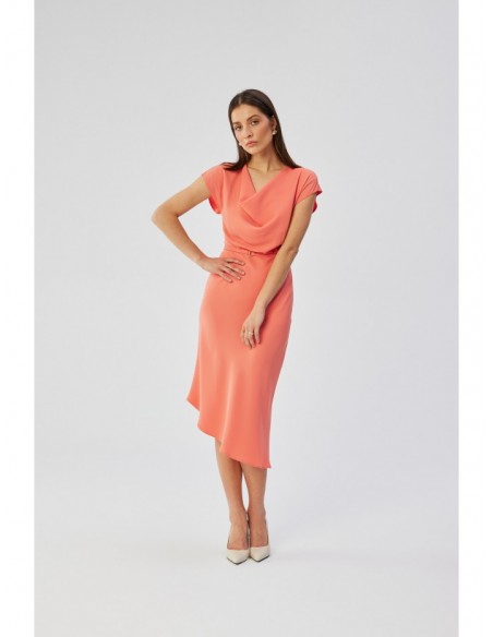 S362 Asymmetrical sheath dress with cowl neckline - orange