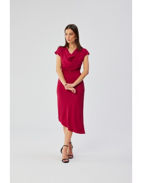 S362 Asymmetrical sheath dress with cowl neckline - plum