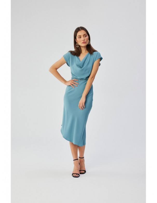 S362 Asymmetrical sheath dress with cowl neckline - sky blue