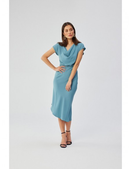 S362 Asymmetrical sheath dress with cowl neckline - sky blue