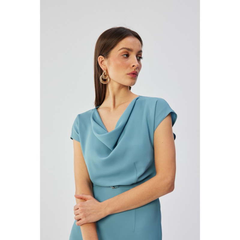 S362 Asymmetrical sheath dress with cowl neckline - sky blue 2