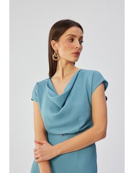 S362 Asymmetrical sheath dress with cowl neckline - sky blue