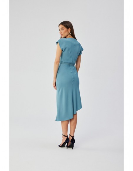 S362 Asymmetrical sheath dress with cowl neckline - sky blue