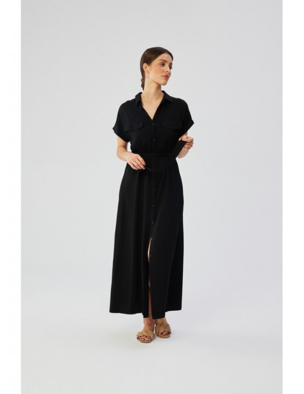 S364 Viscose maxi shirt dress - black