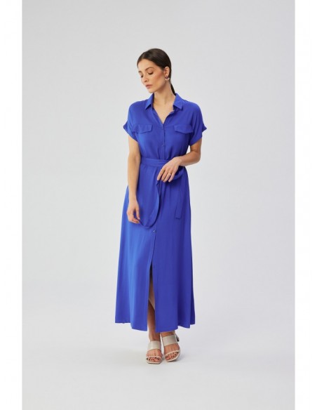 S364 Viscose maxi shirt dress - blue