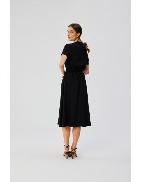 S366 Viscose dress with string tied waist - black