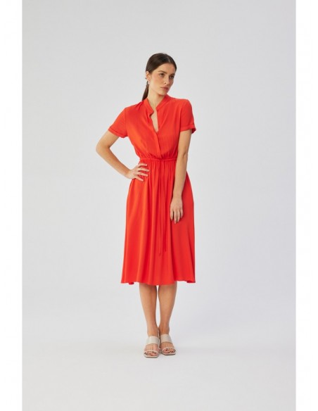 S366 Viscose dress with string tied waist - coral