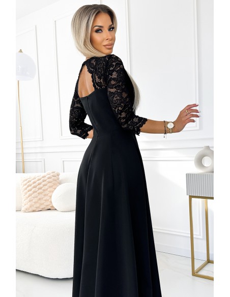  309-11 AMBER lace, elegant long dress with a neckline and leg slit - black 