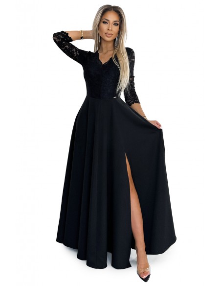  309-11 AMBER lace, elegant long dress with a neckline and leg slit - black 