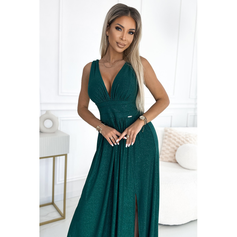 490-3 SUSAN Long brocade dress with a neckline and stitching at the waist - green  2
