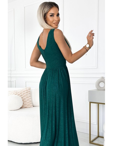  490-3 SUSAN Long brocade dress with a neckline and stitching at the waist - green 