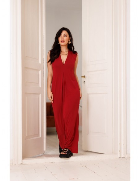 B284 Viscose maxi dress with V-neck - maroon