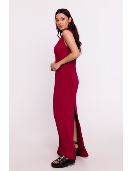 B284 Viscose maxi dress with V-neck - maroon