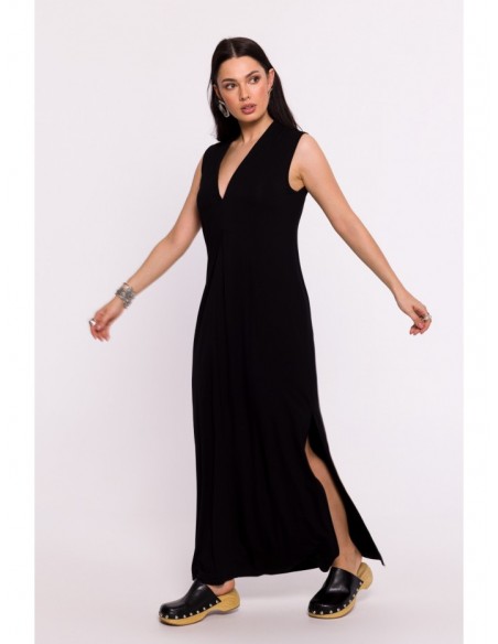 B284 Viscose maxi dress with V-neck - black