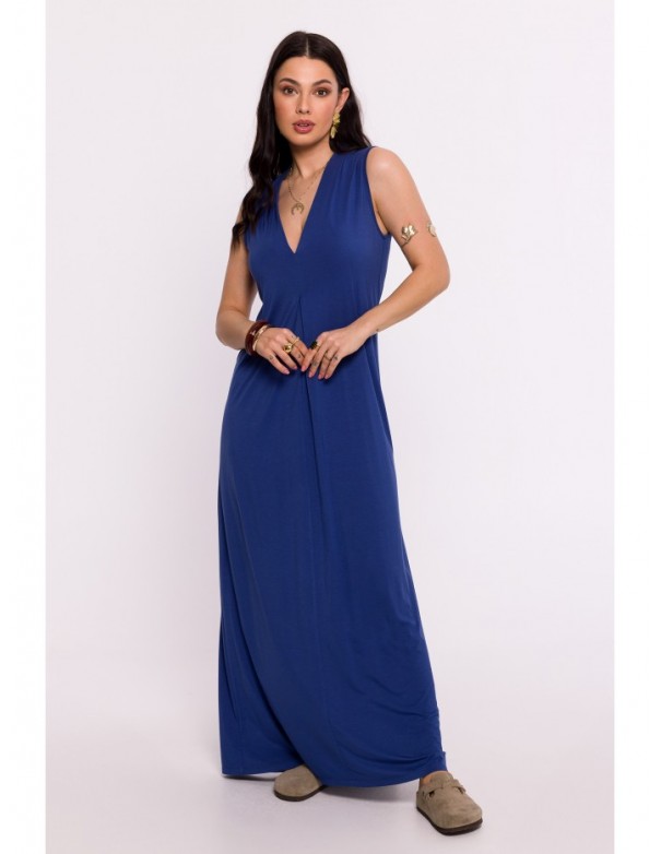 B284 Viscose maxi dress with V-neck - blue