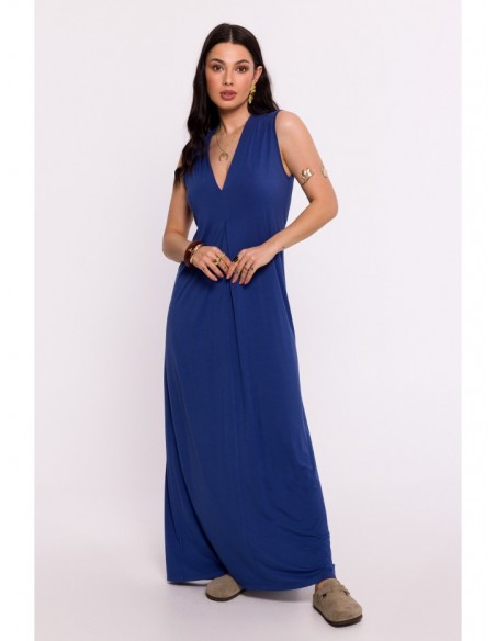 B284 Viscose maxi dress with V-neck - blue