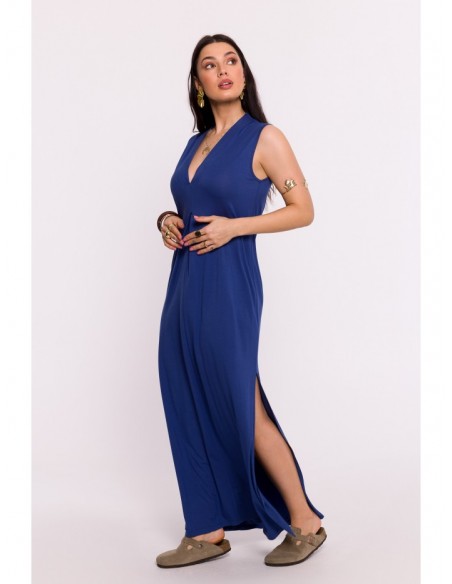 B284 Viscose maxi dress with V-neck - blue