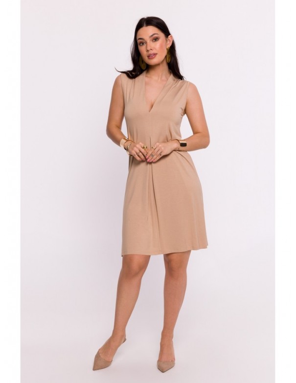 B286 Viscose mini dress with V-neck - cappuccino