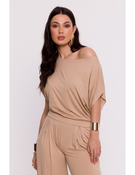 B287 Viscose top with an off-shoulder neckline - cappuccino