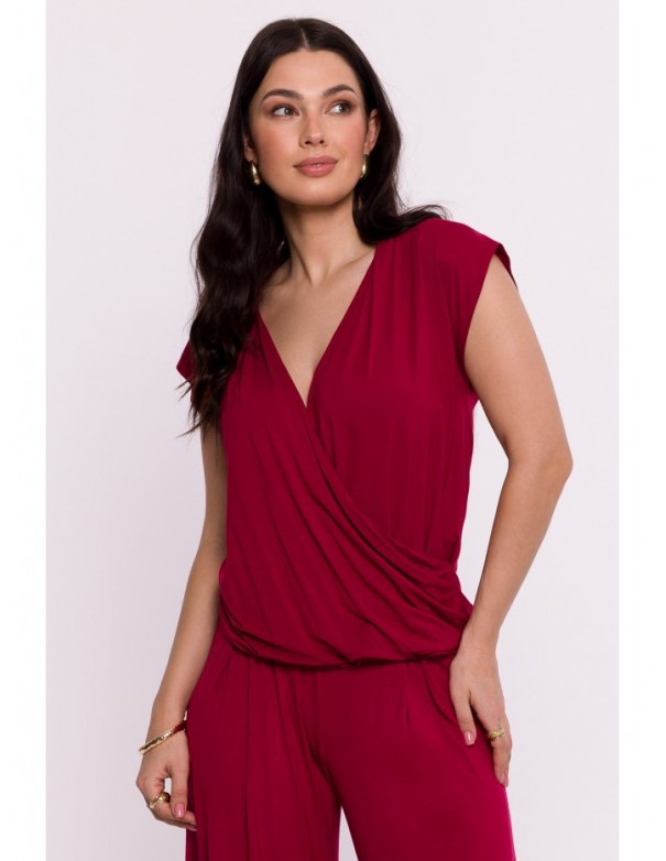 B288 Viscose wrap top with V-neck - maroon
