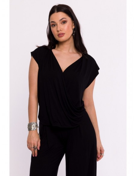 B288 Viscose wrap top with V-neck - black