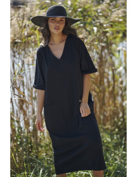 Luźna długa sukienka z kieszeniami czarna NU473