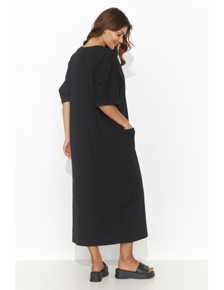 Luźna długa sukienka z kieszeniami czarna NU473